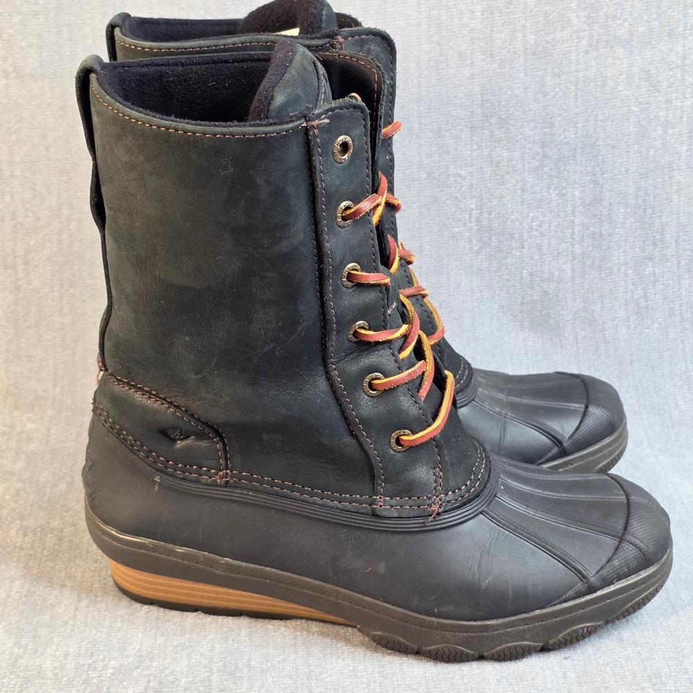 Sperry Duck Boots Women 6 Black STS80766 Saltwater Leather Waterproof Preppy‎